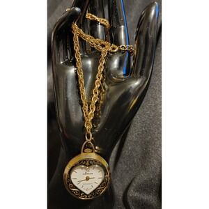 VTG Lady Nelson Heart Pendant Watch Gold Tone Black Enamel Rope Chain 24in READ